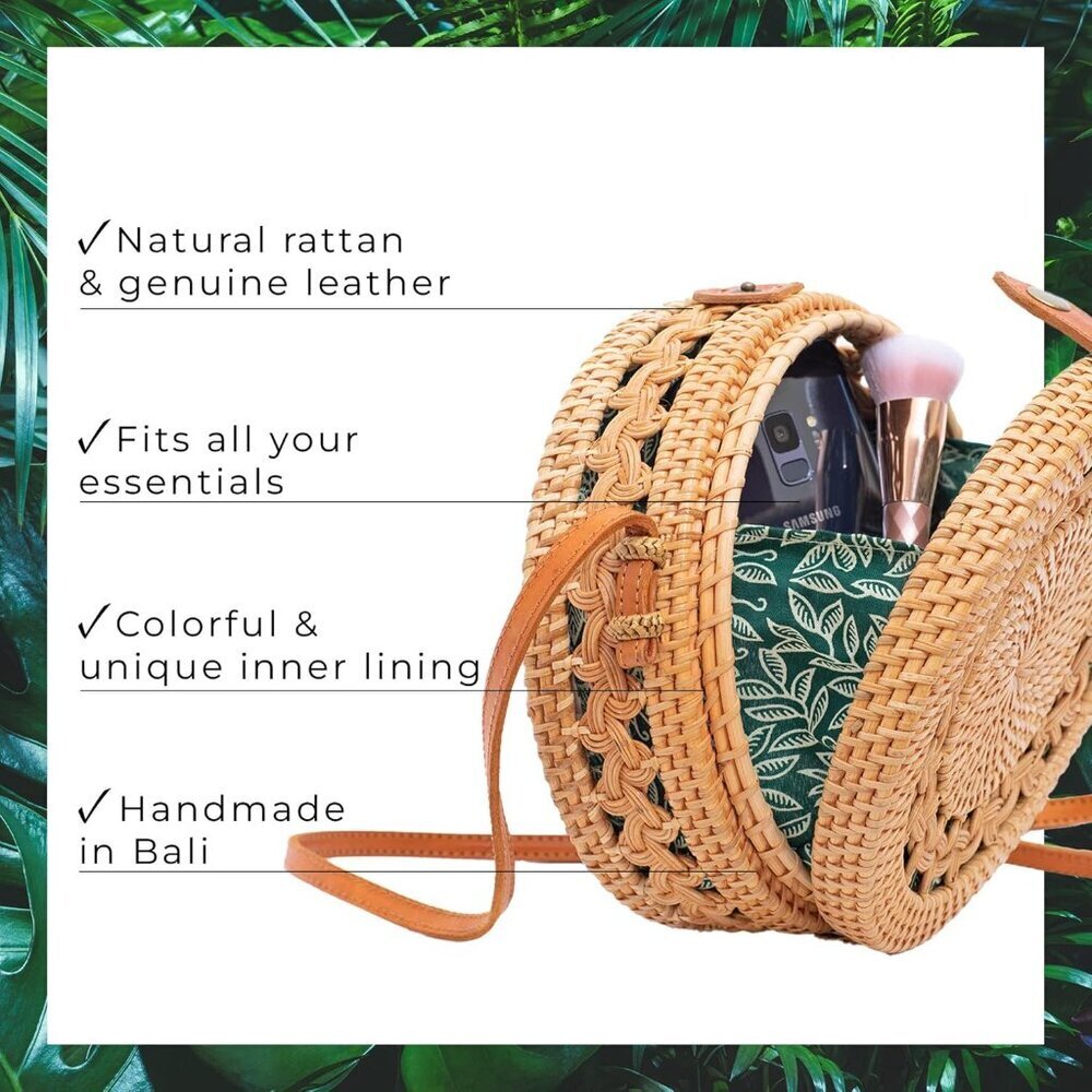 Round Rattan Bag for Women - Handmade Straw Bags - Wicker Purse - Brown White Ci - Picture 3 of 6